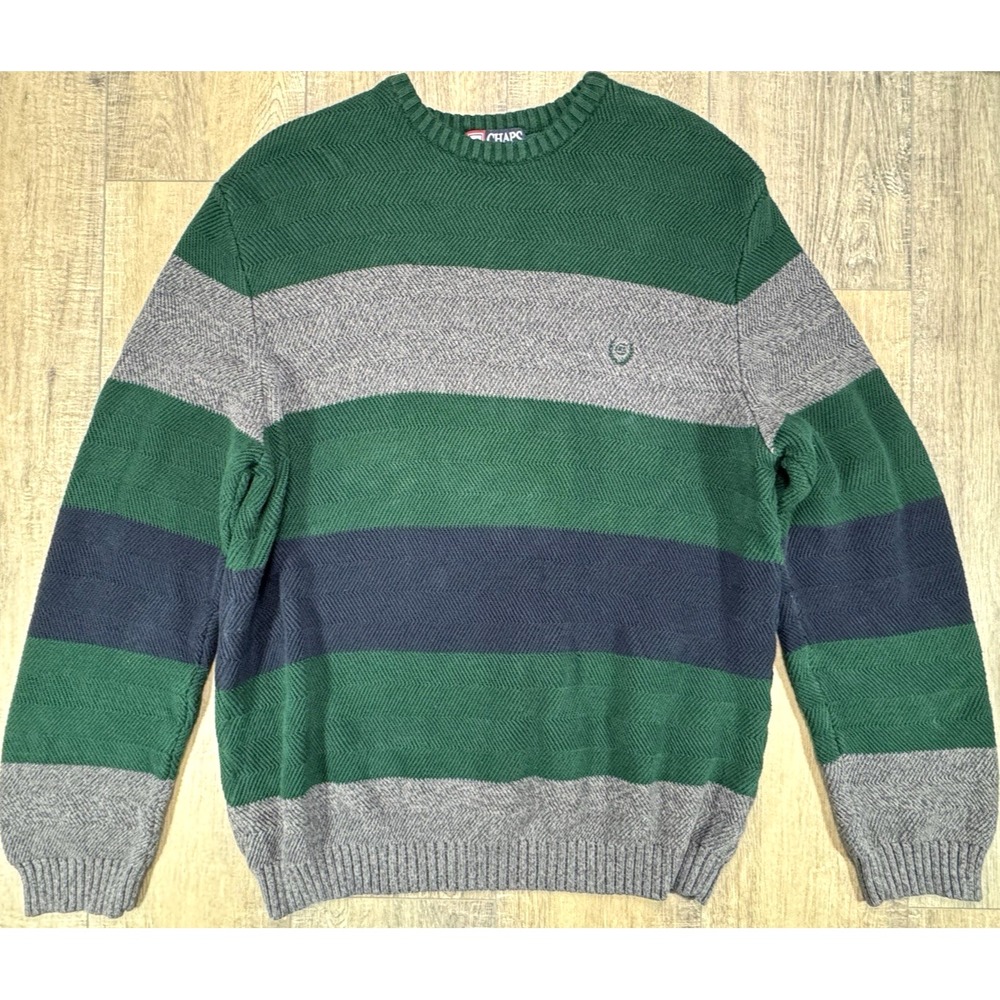 Vintage Chaps Ralph Lauren Rugby Sweater Green Gray Striped Men’s Large Crest - Picture 1 of 12